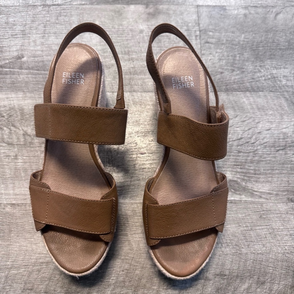 Eileen Fisher Slingback Open Toe Wedge Sandal Tan Leather Womens Sz. 7.5